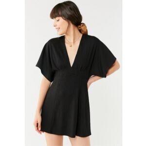 Urban Outfitters Claudia Black Ribbed Knit Plunging Mini Dress